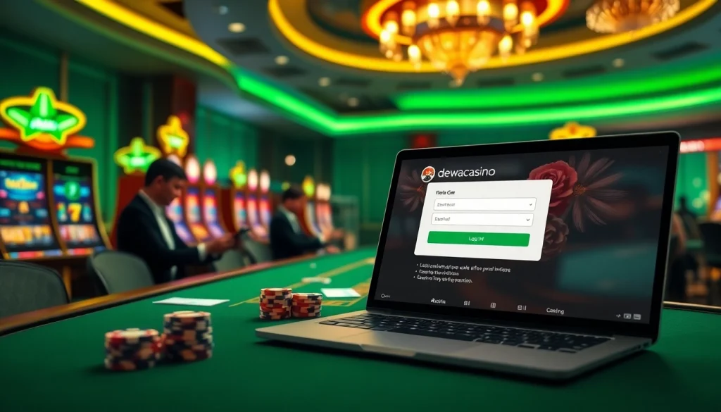 Experience dewacasino login excitement at a luxurious online casino with betting tables and vibrant slot machines.