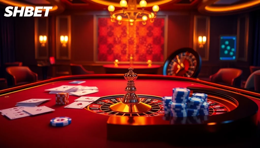 SHBET casino scene with vibrant virtual table, cards, and betting chips in a luxurious setting.