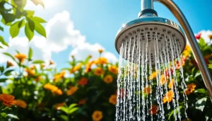 Experience the refreshing sunny shower surrounded by vibrant greenery.