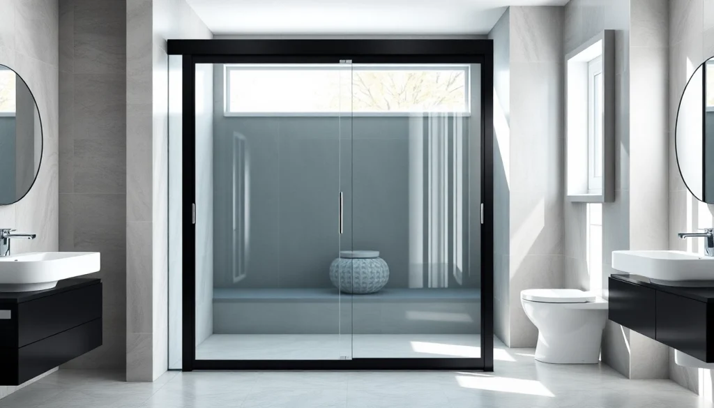 Black shower sliding door installation showcasing sleek design and modern elegance in a serene bathroom setting.