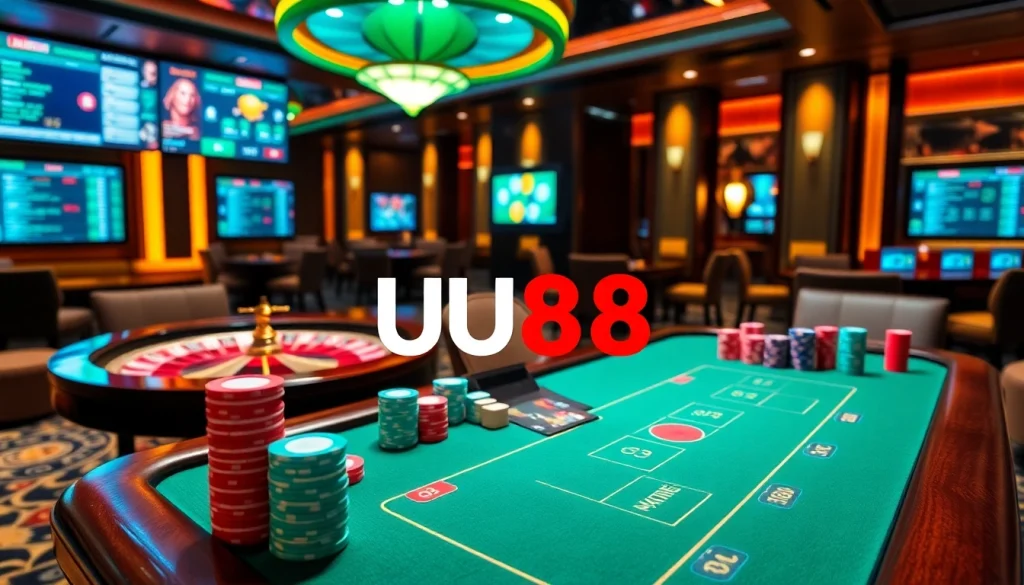 UU88 offers thrilling poker action with vibrant chips and an elegant casino backdrop.
