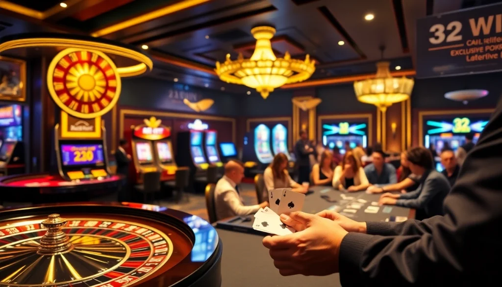 Experience the excitement at 32 WIN with a vibrant casino scene featuring roulette and poker action.