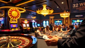 Experience the excitement at 32 WIN with a vibrant casino scene featuring roulette and poker action.