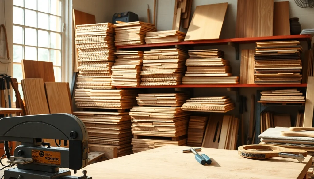 Visual representation of a vibrant veneer hub showcasing diverse wood veneers in a professional workshop.