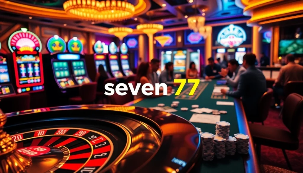 Experience high-stakes gambling at a luxury casino featuring seven 77 on roulette and poker tables.