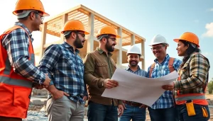 Collaborative construction workers at a South Carolina site, showcasing a construction association south carolina setting.