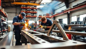 Craftsmen engaged in custom steel fabrication work amid modern workshop tools and equipment.