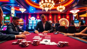 Engaging poker players at a casino table with CM88 branding, highlighting excitement and strategy.