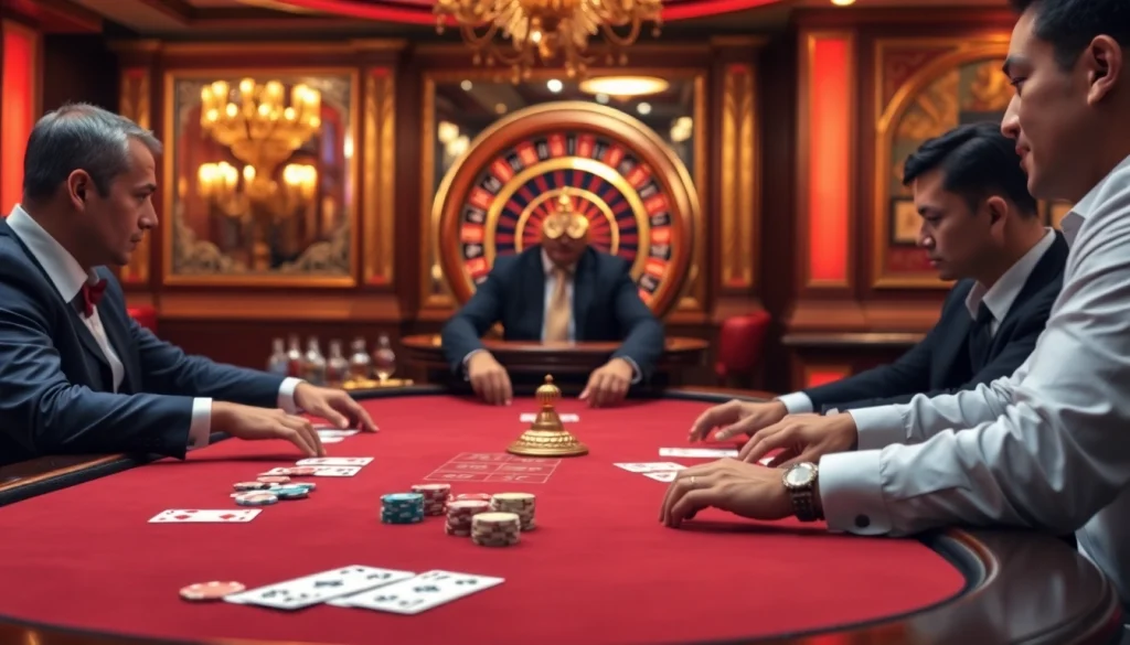 Exciting poker gameplay at king88 casino, showcasing vibrant chips and elegant tables.