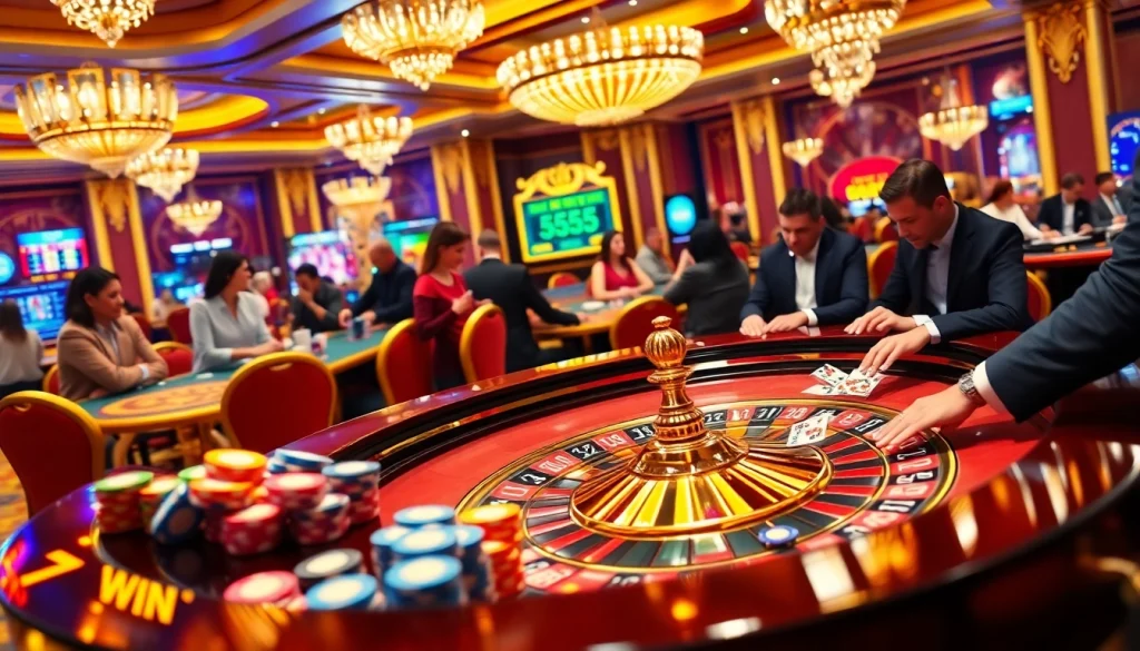 Experience the thrill of 555 win as poker chips cascade in an elegant casino atmosphere.