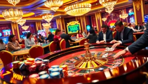 Experience the thrill of 555 win as poker chips cascade in an elegant casino atmosphere.