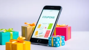 모바일쿠폰이 보여지는 스마트폰과 선물이 조화를 이루는 이미지