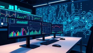 Automated trading setup showcasing Quantum AI Canada with futuristic screens and data streams.