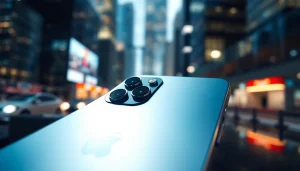 Capturing the iPhone 14 Plus spotlighted in a modern tech environment.
