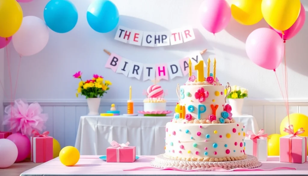 Set up for a customizable birthday party showcasing personalized decorations and a colorful cake.