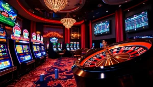 Experience the thrill of i9bet with glamorous casino elements like slot machines and poker chips.