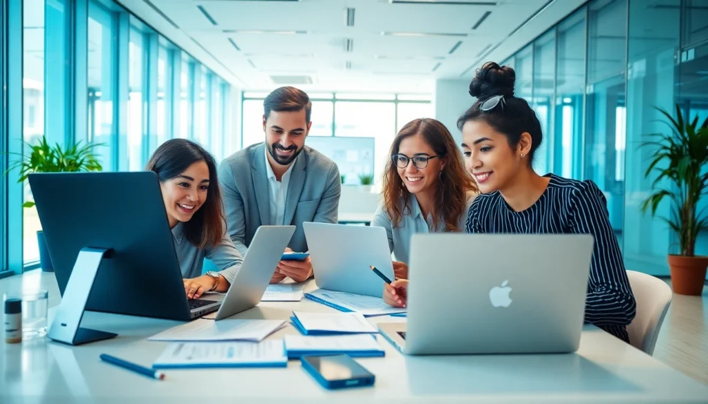 在现代办公环境中，专业人员协同使用 WPS Office 软件，展示了 WPS下载。