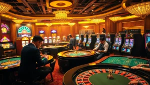 Tỷ lệ kèo nhà cái hôm nay showcased in a luxurious casino with elegant tables and excited gamblers.