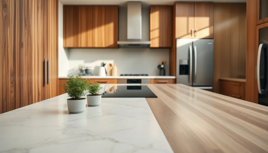 Beautiful kitchen worktops showcasing elegant marble and warm wood textures in a modern kitchen.