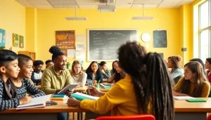 Education-focused classroom with diverse students collaboratively learning in a vibrant, innovative setting.