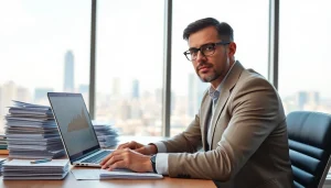 Analyze financial trends with https://m.check-rates.com on a laptop in an office setting.