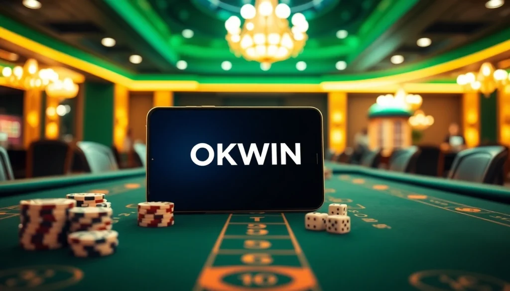 Experience the excitement of betting with the OKWIN APP displayed on a modern device amidst vibrant casino elements.