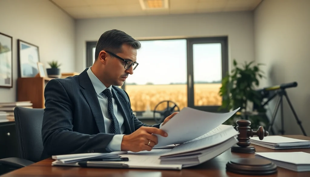 Agriculture lawyer examining legal documents in a professional office setting.