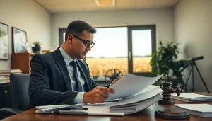 Agriculture lawyer examining legal documents in a professional office setting.
