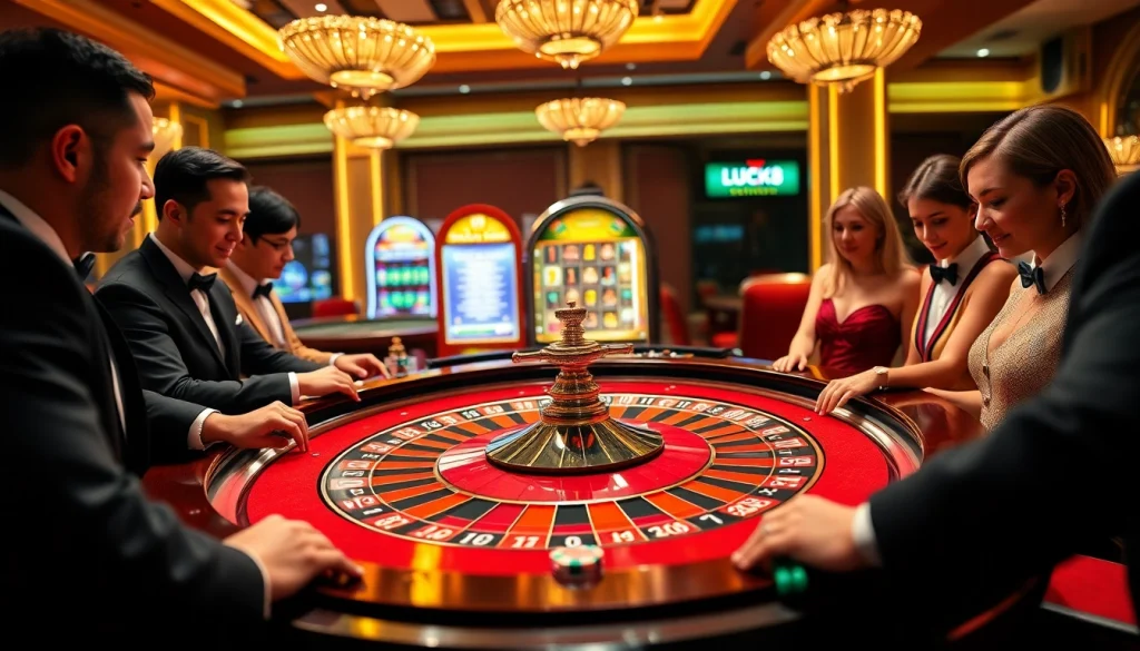 Players engaging with the nhà cái luck8 roulette table, showcasing excitement and high stakes.