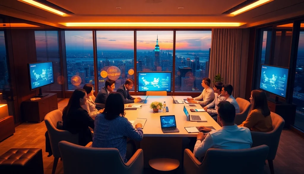 Dynamic business professionals discussing 출장 strategies in a modern office.