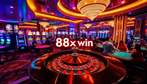 Experience the excitement of the casino as players celebrate an 88xx win at roulette and poker tables.