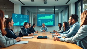 Unlock business growth insights with a professional team strategizing in a bright office.