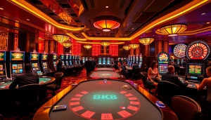 Exciting BK8 players engaging at a luxurious casino table surrounded by vibrant slot machines.