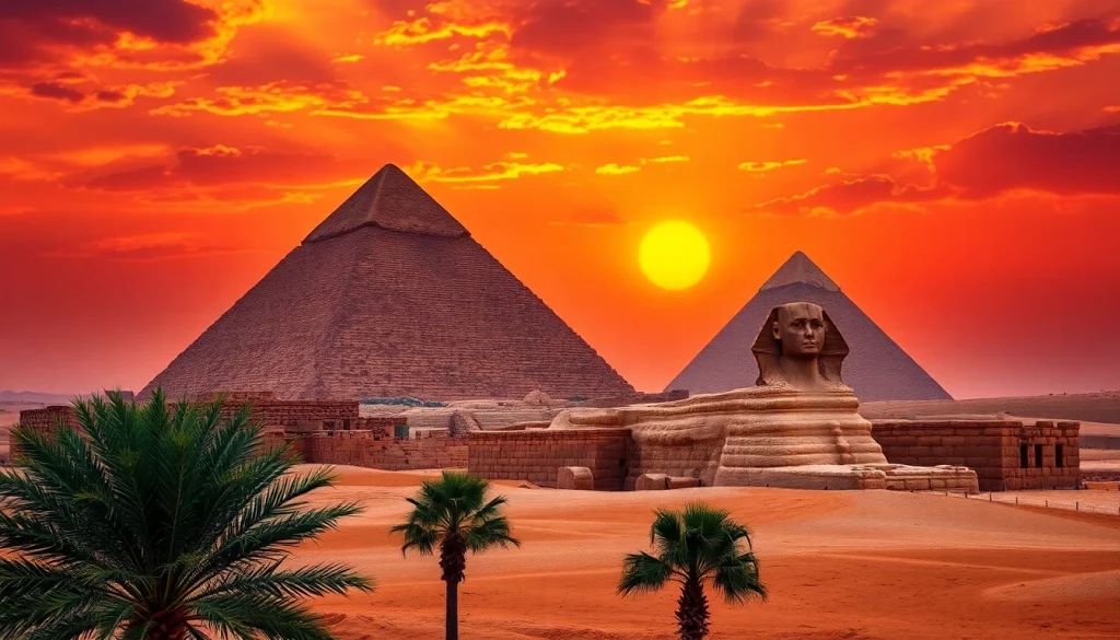 Pyraminds seen under a sunset highlighting their ancient stone texture and majestic presence.