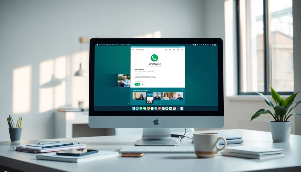 在现代办公工作区屏幕上显示的 WhatsApp Web 界面，展示用户沟通。