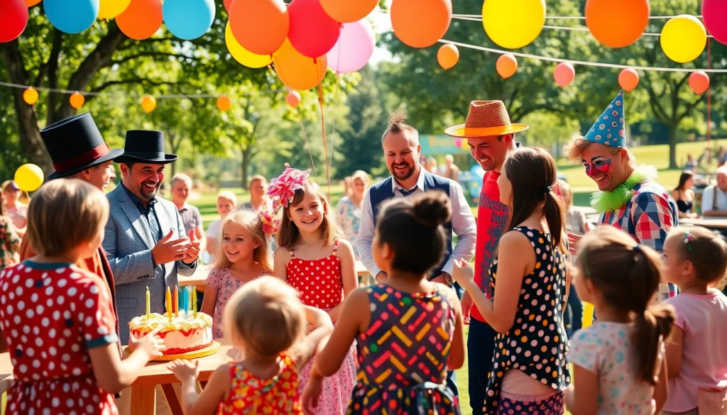 Birthday party entertainers delighting children at an outdoor celebration with colorful decorations.