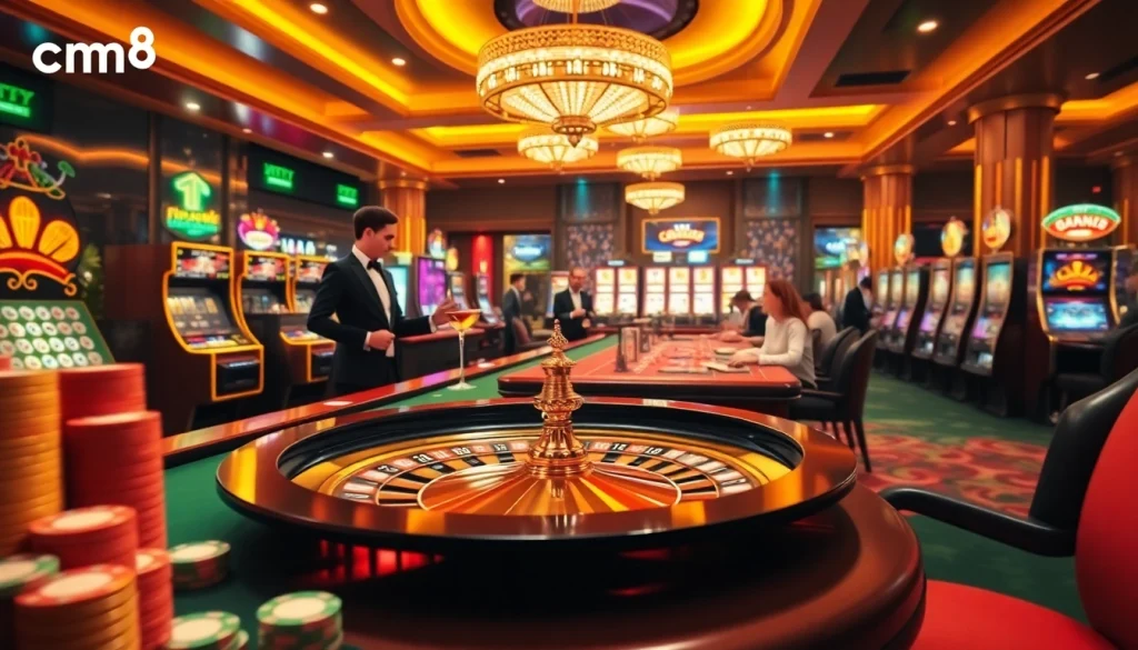 Casin0 players engaging eagerly with cm88 branded poker chips and a roulette table.