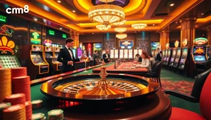 Casin0 players engaging eagerly with cm88 branded poker chips and a roulette table.