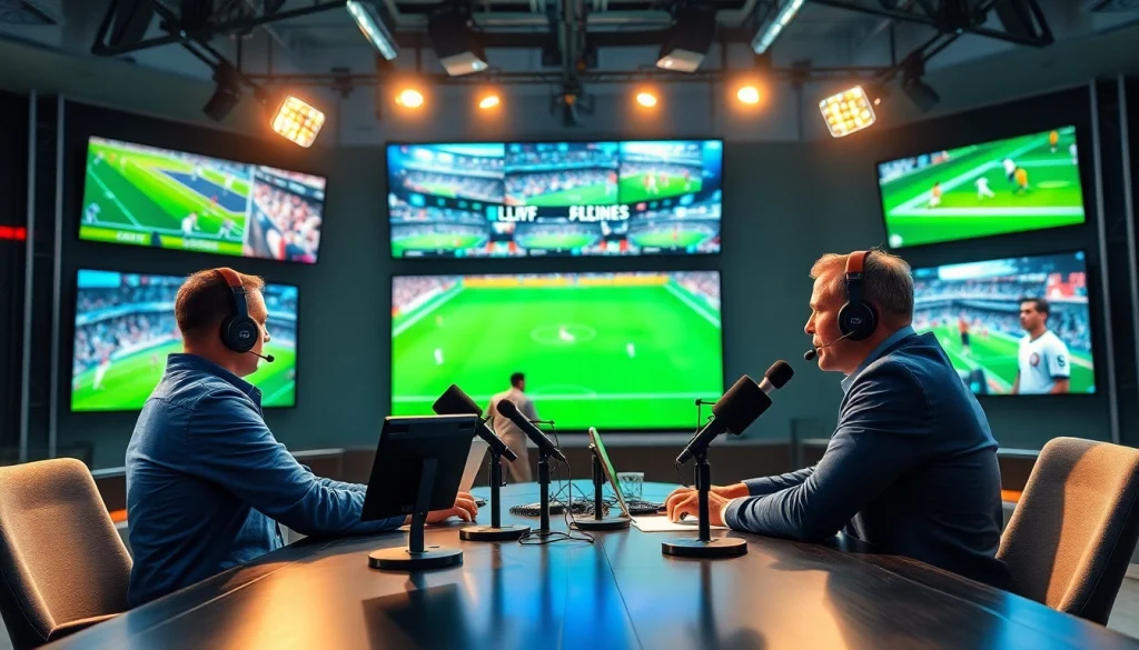 Engaging live Sports Broadcasting session featuring enthusiastic broadcasters in a vibrant studio.