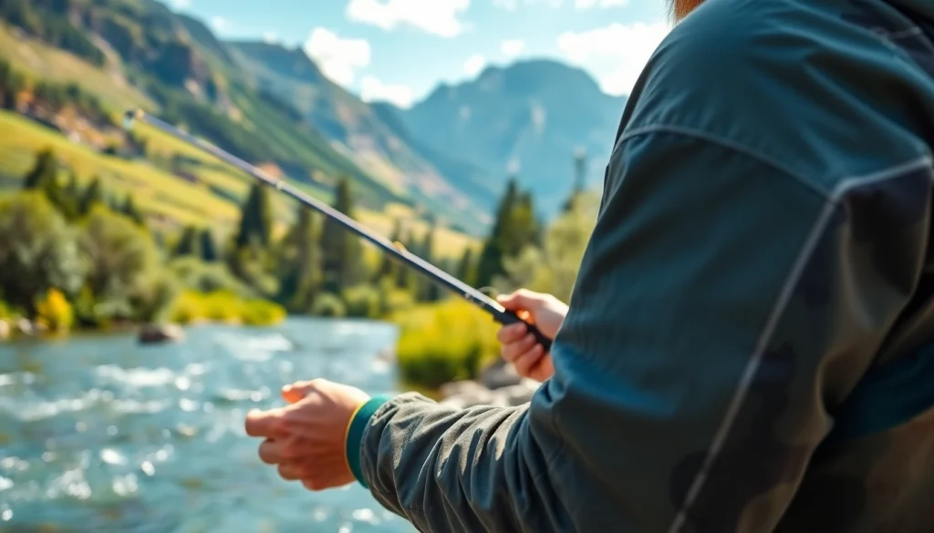 Angler casting a line while wearing premium fly fishing apparel by the riverside.