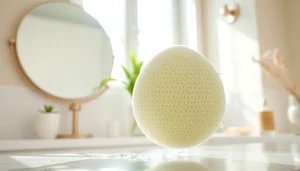 Clean hands using makeup remover loofah in a serene bathroom setting.