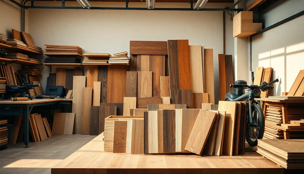 Showcase of veneer hub wood samples in a well-lit workspace emphasizing variety and texture.