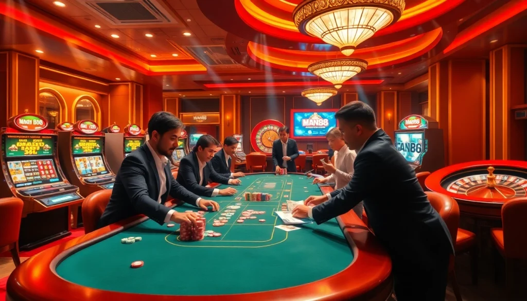 Players enjoying the excitement of casino games at Man88, featuring vibrant tables and slot machines.