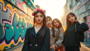 Blackpink members showcasing their unique styles against a vibrant urban backdrop.
