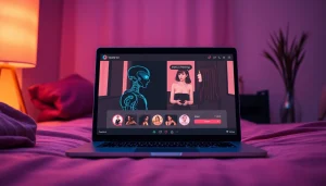 Immersive NSFW AI interaction on a sleek laptop in a cozy, ambient setting.