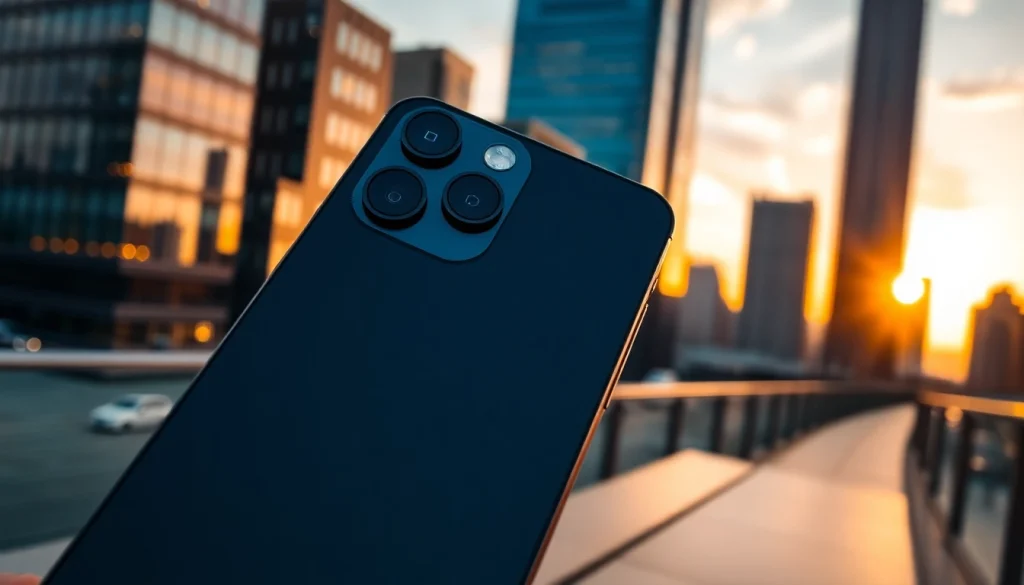 El iPhone 17 Pro Max en primer plano con un diseño elegante y su pantalla brillante destacando en un entorno urbano.