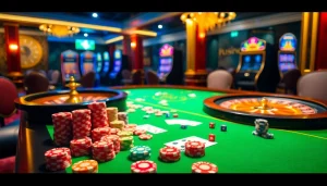 Gamble at https://febet8.com featuring a luxurious casino table with vibrant poker chips and a roulette wheel.