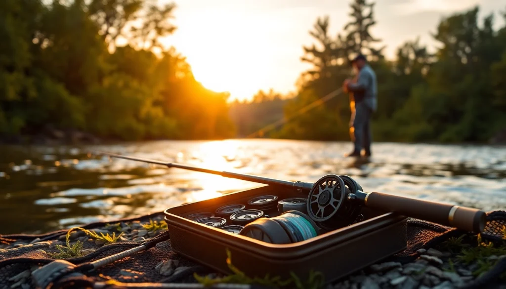 Experience the perfect fly fishing combo on a serene riverbank at sunset.