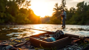 Experience the perfect fly fishing combo on a serene riverbank at sunset.