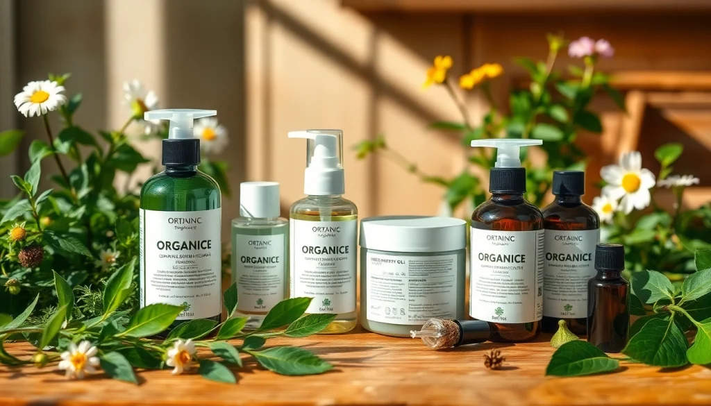 Prikaz prirodne kozmetike na drvenom stolu uz sveže bilje i cvetove.